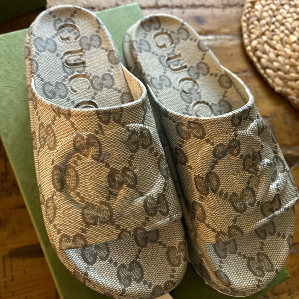Gucci Beige & Taupe Monogram Canvas Slide Sandals